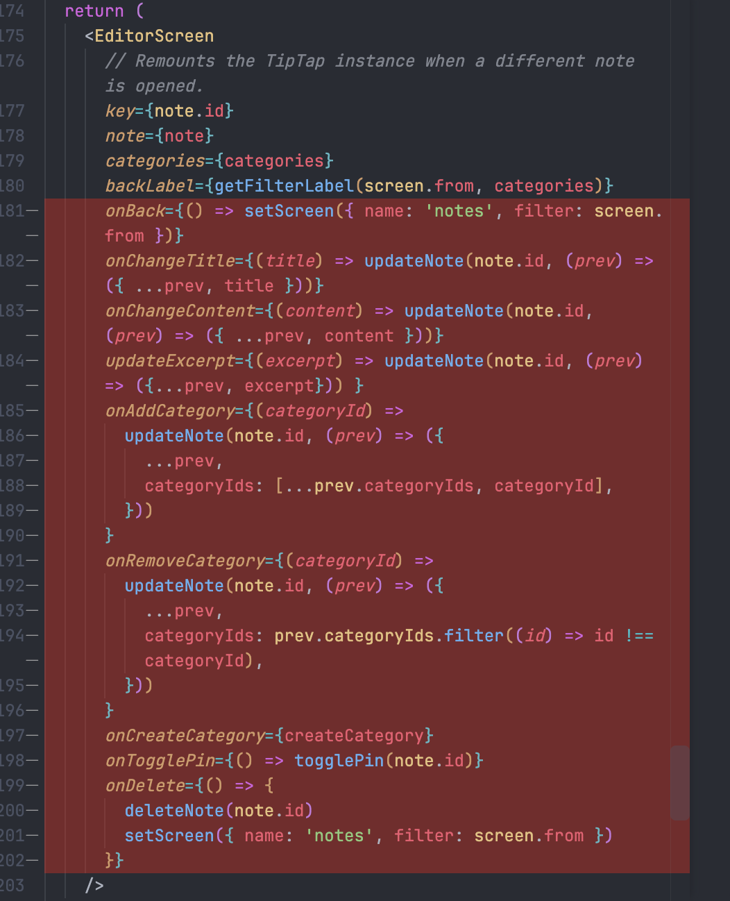 Screenshot of prop drilling event functions into a react component