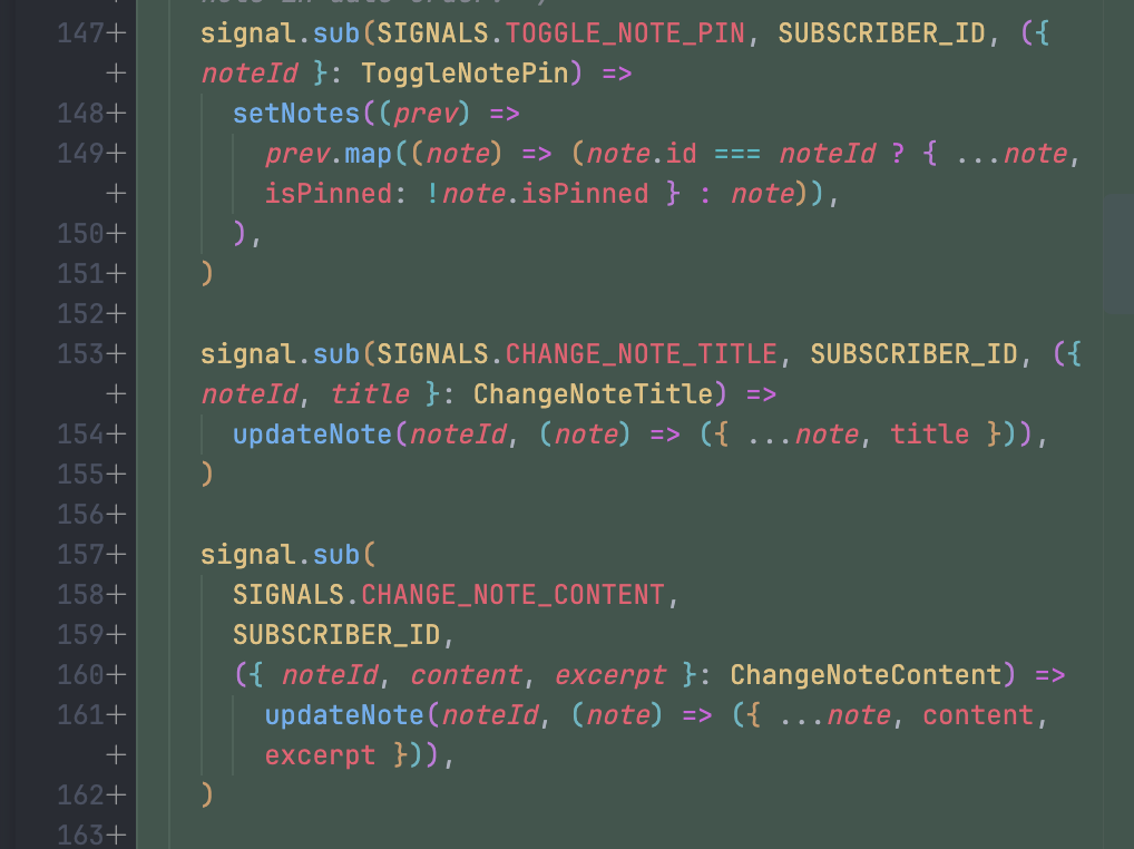 Screenshot of how App.tsx subscribes to listen for intent to edit state