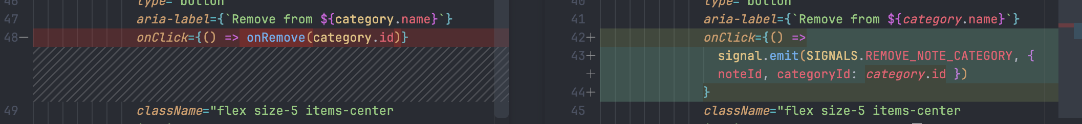 Screenshot of a diff of how code used to call a drilled function vs emitting a signal now